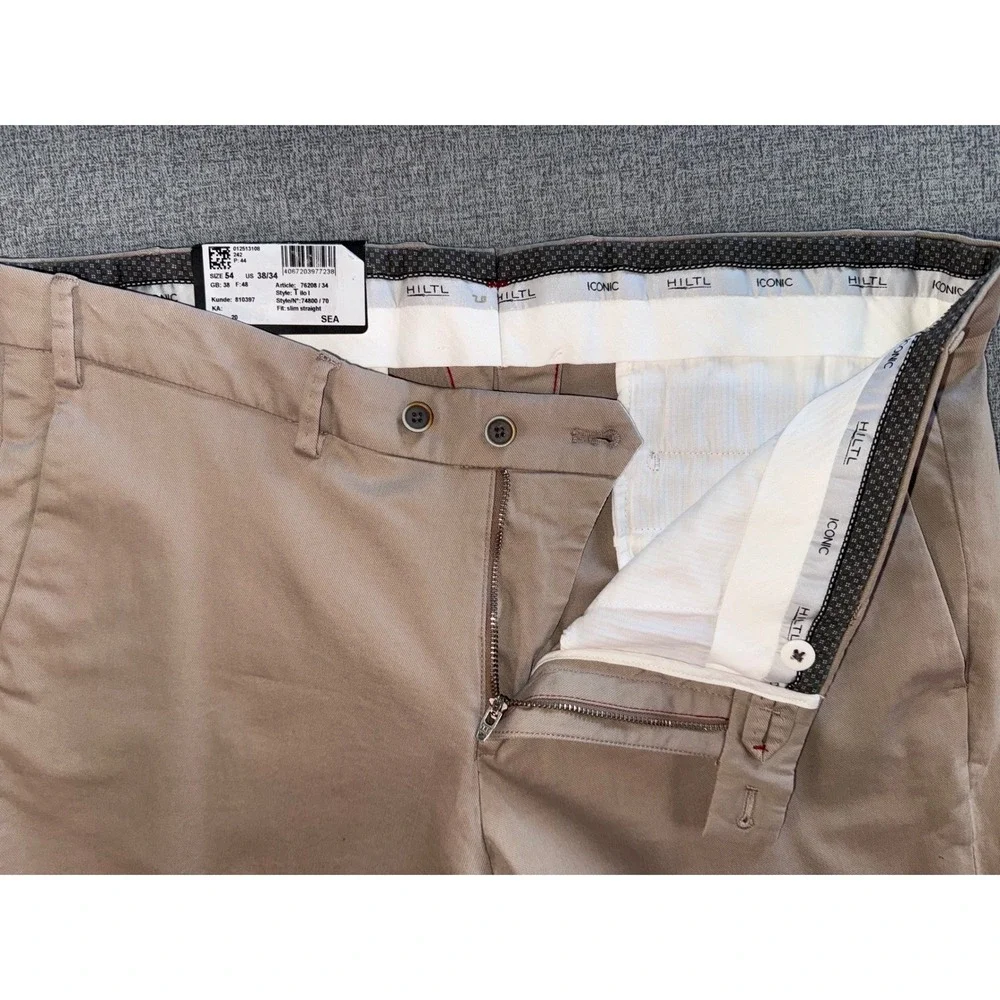NEW Hiltl Tilo‎ Slim Straight Pants Mens 38/34 Tan Khaki Flat Front Trousers  54